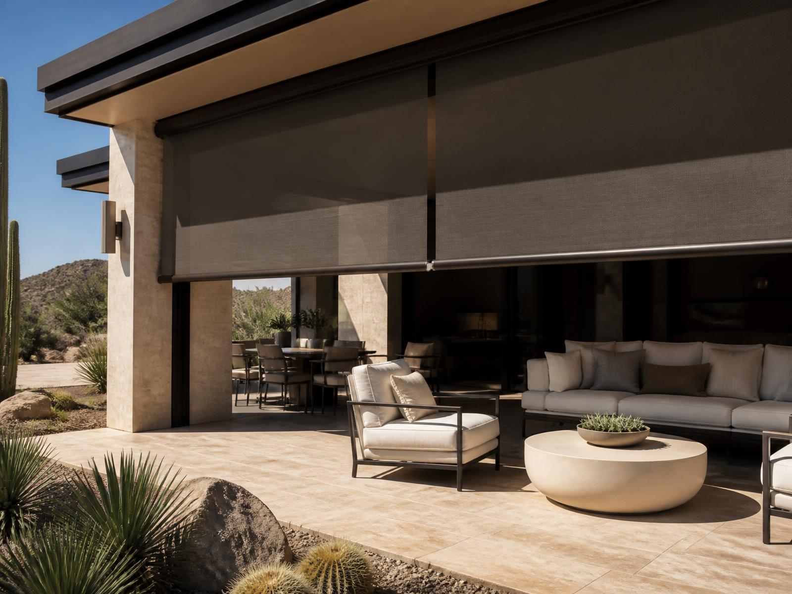 Motorized patio shades lowered over a luxury Arizona outdoor room