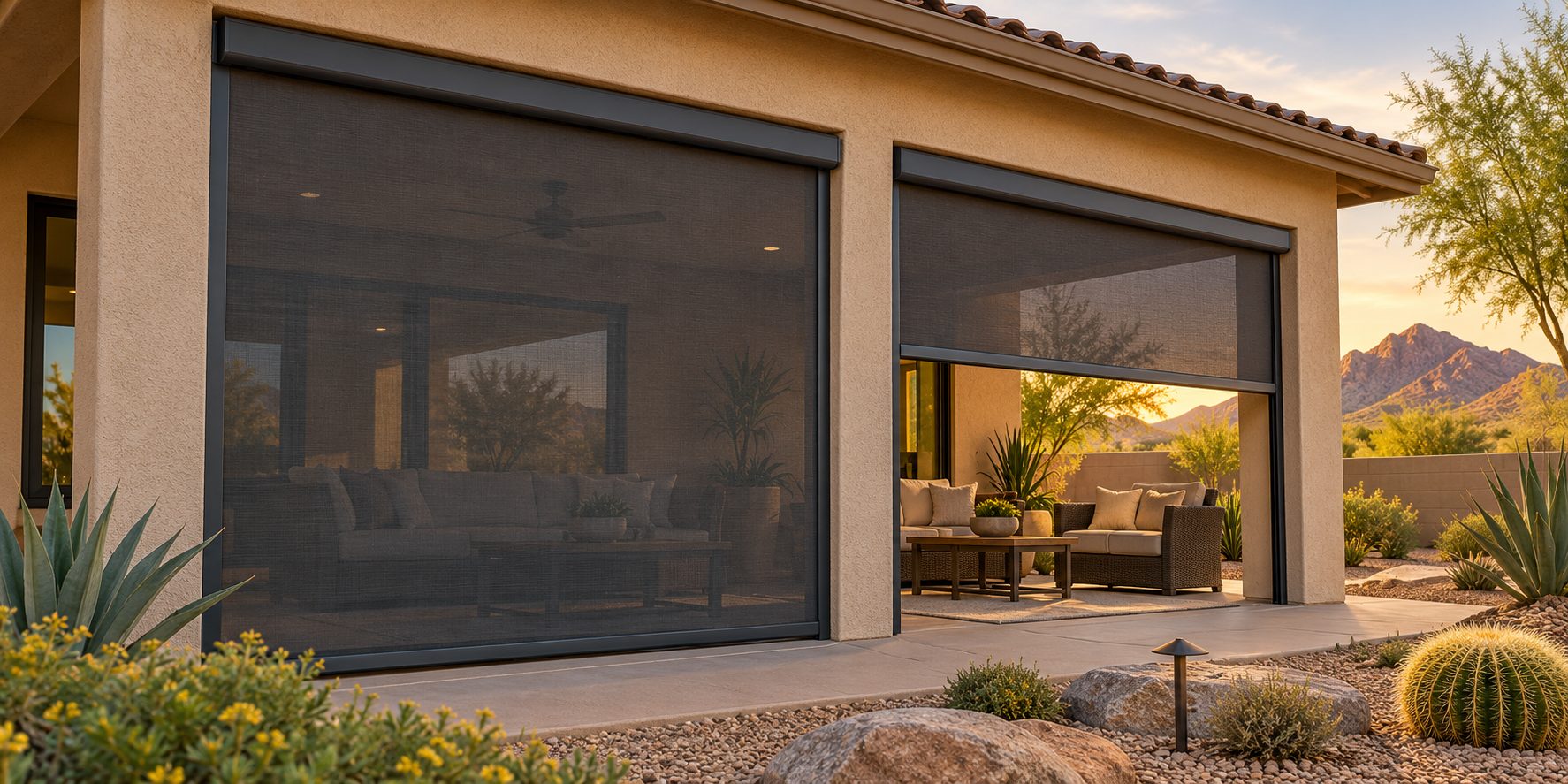 Illustration of a covered Arizona patio with motorized patio shades lowered over outdoor seating